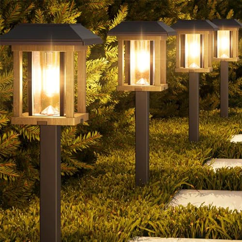 XMCOSY+ Solar Lights Outdoor 20 LM LED with 2-Tone Bronze Tone & Wood Tone, Solar Garden Lights with Glass Metal, IP65 Waterproof Solar Powered for Yard Landscape Driveway Walkway (4 Pack, W