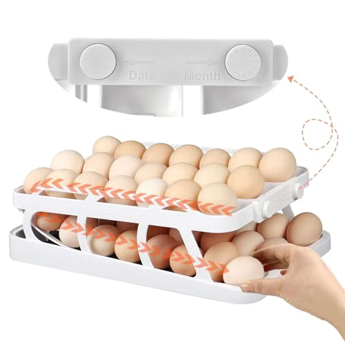 Egg Holder for Refrigerator 42 Eggs Storage, 2 Tier Auto Rolling Egg Dispenser, 3 Rows Egg Organizer for Fridge Space Saving Automatic Egg Roller for Kitchen Countertop (White)