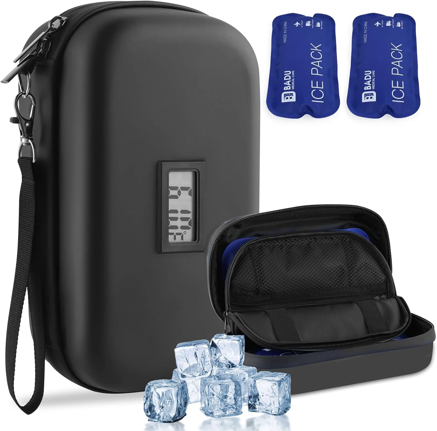 Insulin Cooler Travel Case TSA Approved Refrigerated Medicine Cooler for Travel w/Thermometer Temperature Display Diabetic Travel Case Bag w/2 Reusable Ice Packs for Daily Life Trip, Black