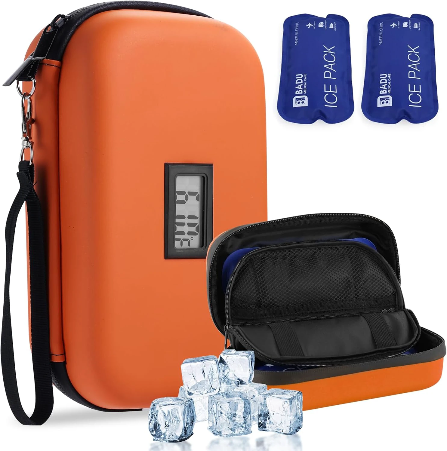 Insulin Cooler Travel Case TSA Approved Refrigerated Medicine Cooler for Travel w/Thermometer Temperature Display Diabetic Travel Case Bag w/2 Reusable Ice Packs for Daily Life Trip Orange