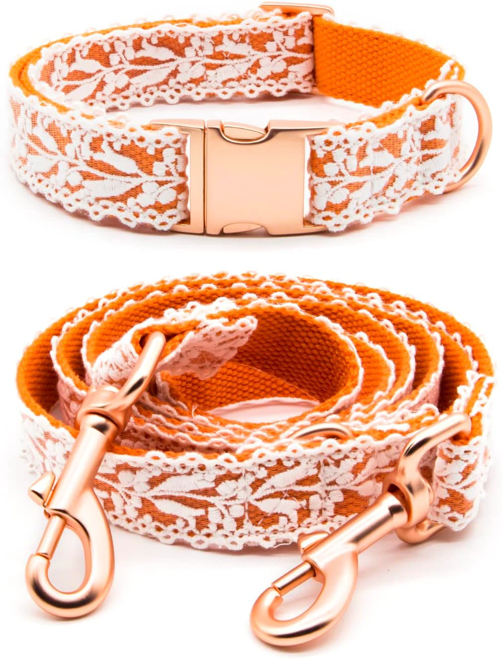 Dog Collar and Leash Set, Cotton Lace Handmade 4-5 FT Adjustable Comfortable Unique Collars and Leashes for Small Medium Large Dogs S Orange ((2pcs collar+leash, width:1")