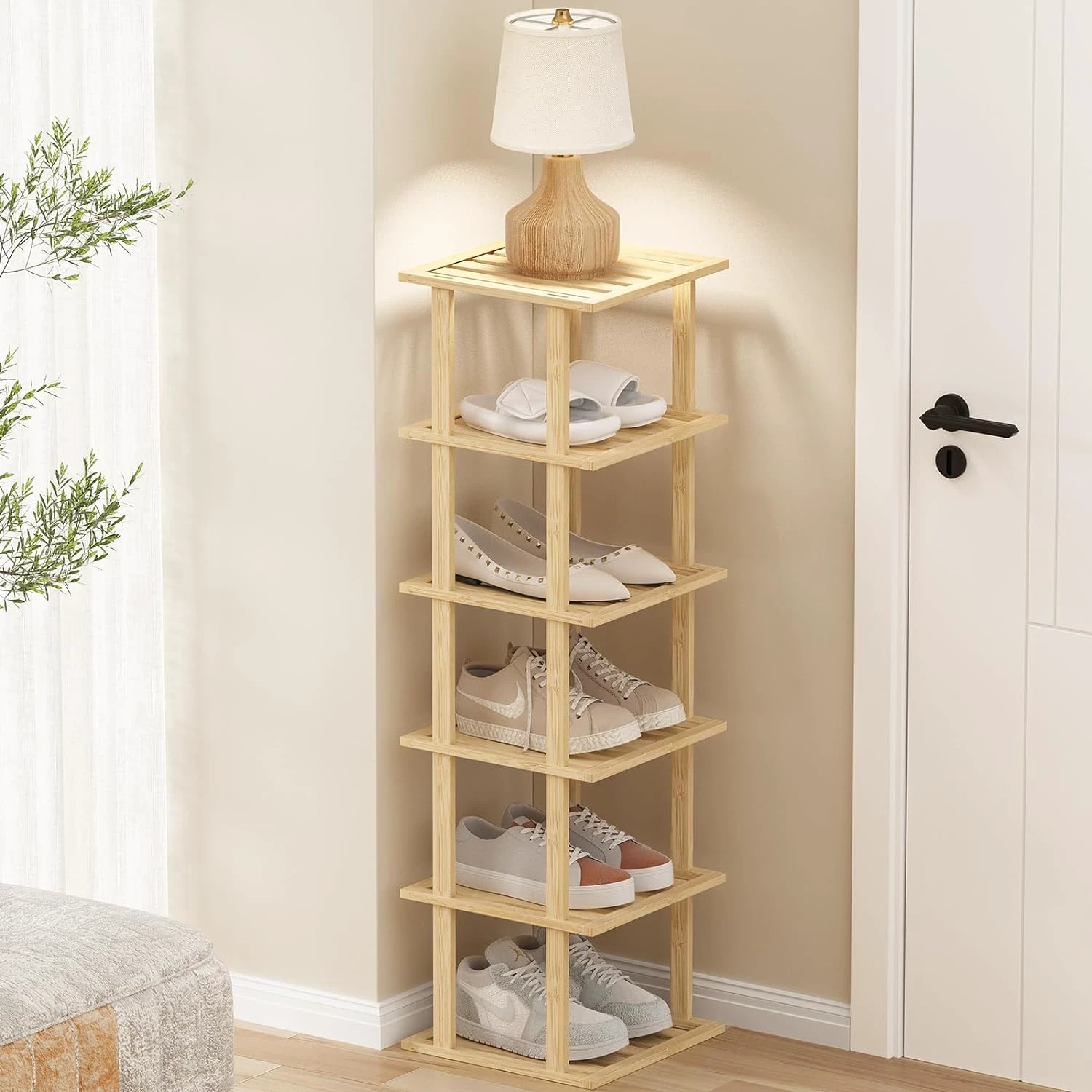 Bamboo Shoe Rack - Vertical Shoe Rack for Small Spaces, Skinny Shoe Shelf Space Saving Storage, Tall Vertical Narrow Shoe Rack for Front Door Entrance Closet Corner Garage Bamboo 6 Tier