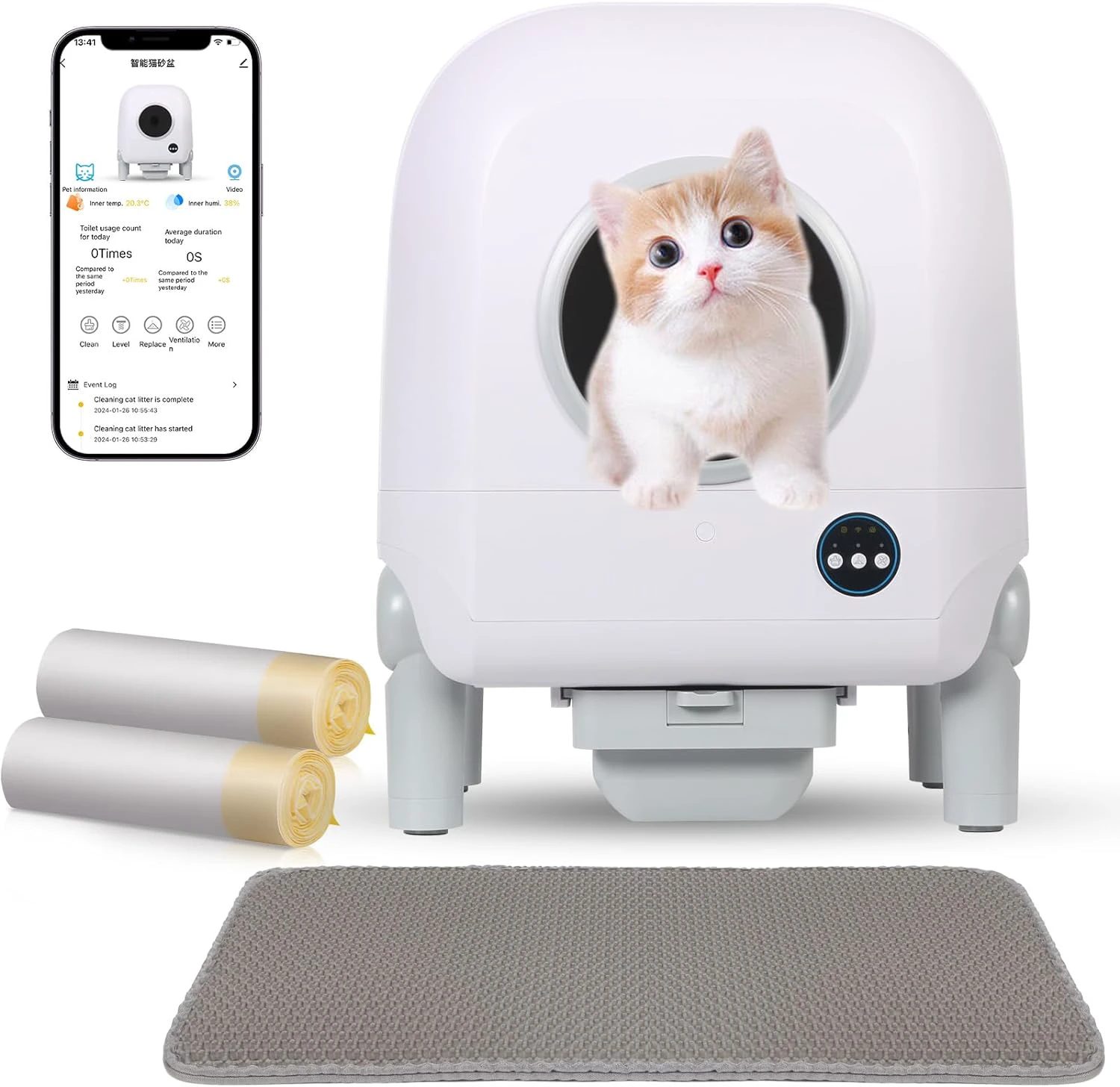 Automatic Cat Litter Box - Self Cleaning Litter Box with Health Monitoring Technology, Remote App Control, Odor Removal&Anti-Pinch white