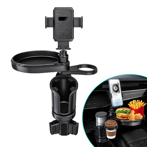 HOLDCY Car Cup Holder Expander, 4-in-1 Car Cup Holder Organizer with Tray & Phone Holder for Snacks, Drinks, and Phones - Fits Most Vehicles - Ultimate Convenience for Commuters and Families