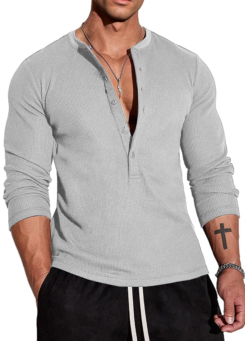 Muscle Cmdr Men's Waffle Henley Shirts Long Sleeve T-Shirt Stylish Casual 5 Button Placket Slim Fit Tee Thermal Underwear Small Grey/Long