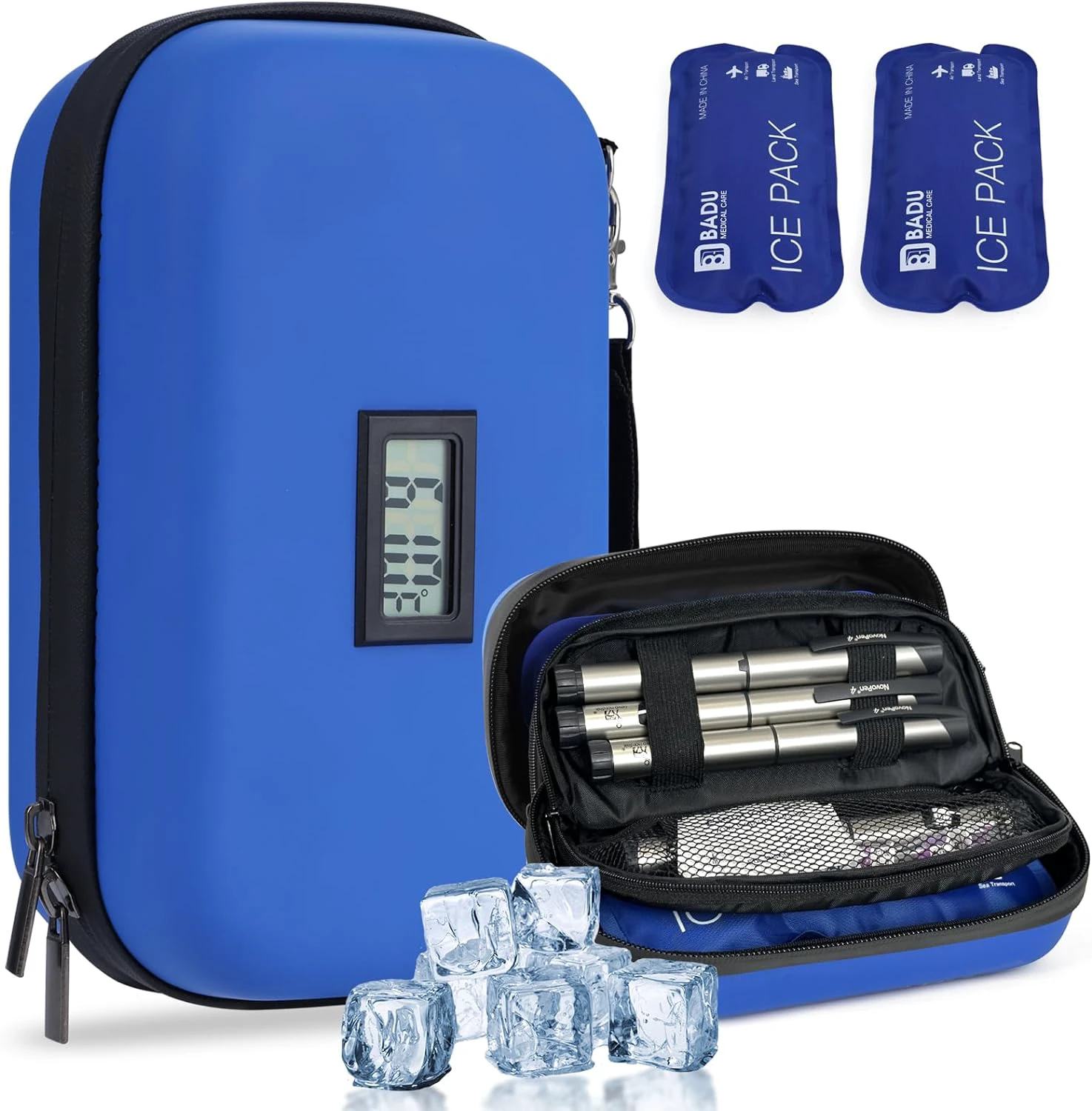 Insulin Cooler Travel Case TSA Approved Refrigerated Medicine Cooler for Travel w/Thermometer Temperature Display Diabetic Travel Case Bag w/2 Reusable Ice Packs for Daily Life Trip, Blue