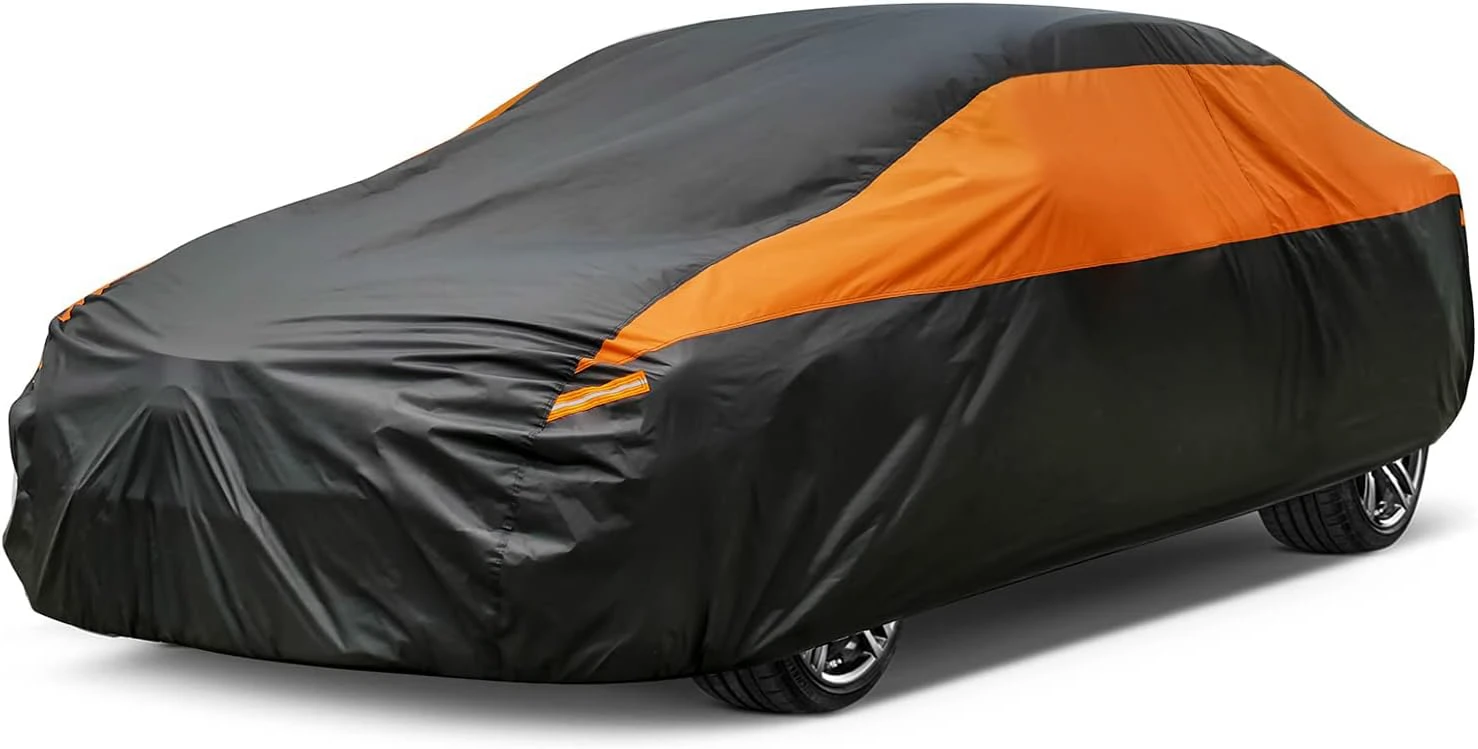 Car Cover for Coupe Sport Sedan Waterproof All Weather, Suitable for Hyundai Accent, Audi TT, Porsche 718/Boxster/Cayman, Nissan Versa/240SX, Subaru BRZ, BMW Z4, Mazda RX-8 etc. Black-Orange