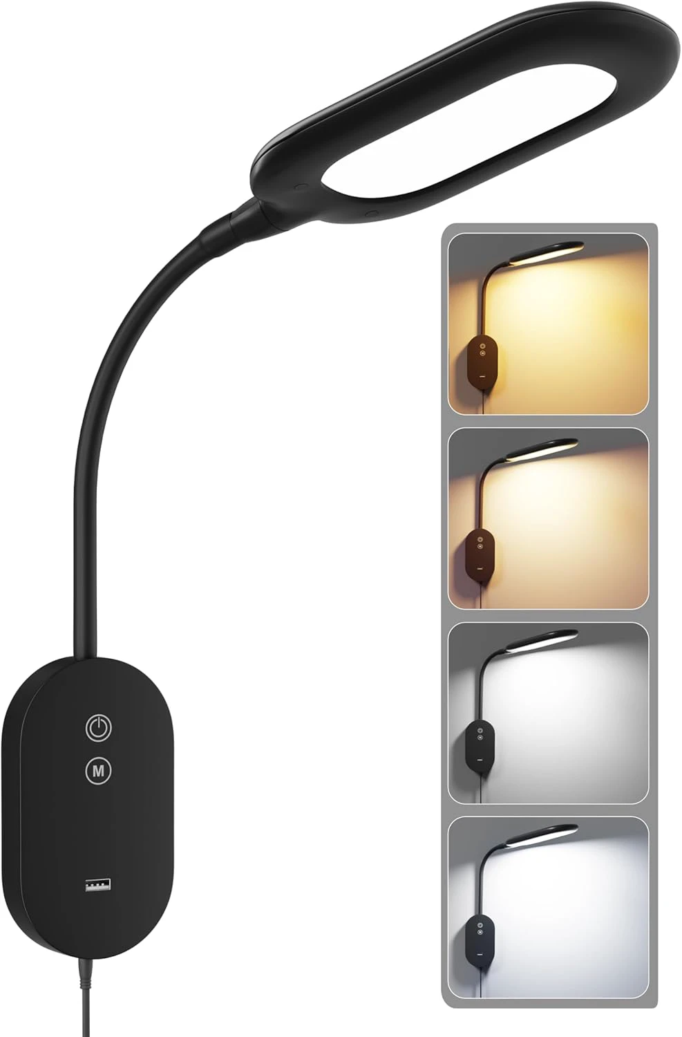 Wall Mounted Reading Bed Light, Wall Bed Lamp with CRI 95+ for Eye Care, 4 Color 5 Dimmable, 2A USB Output, 4-Hour Auto Off, Book Lights Flexible Gooseneck Reading Lamp Headboard Black