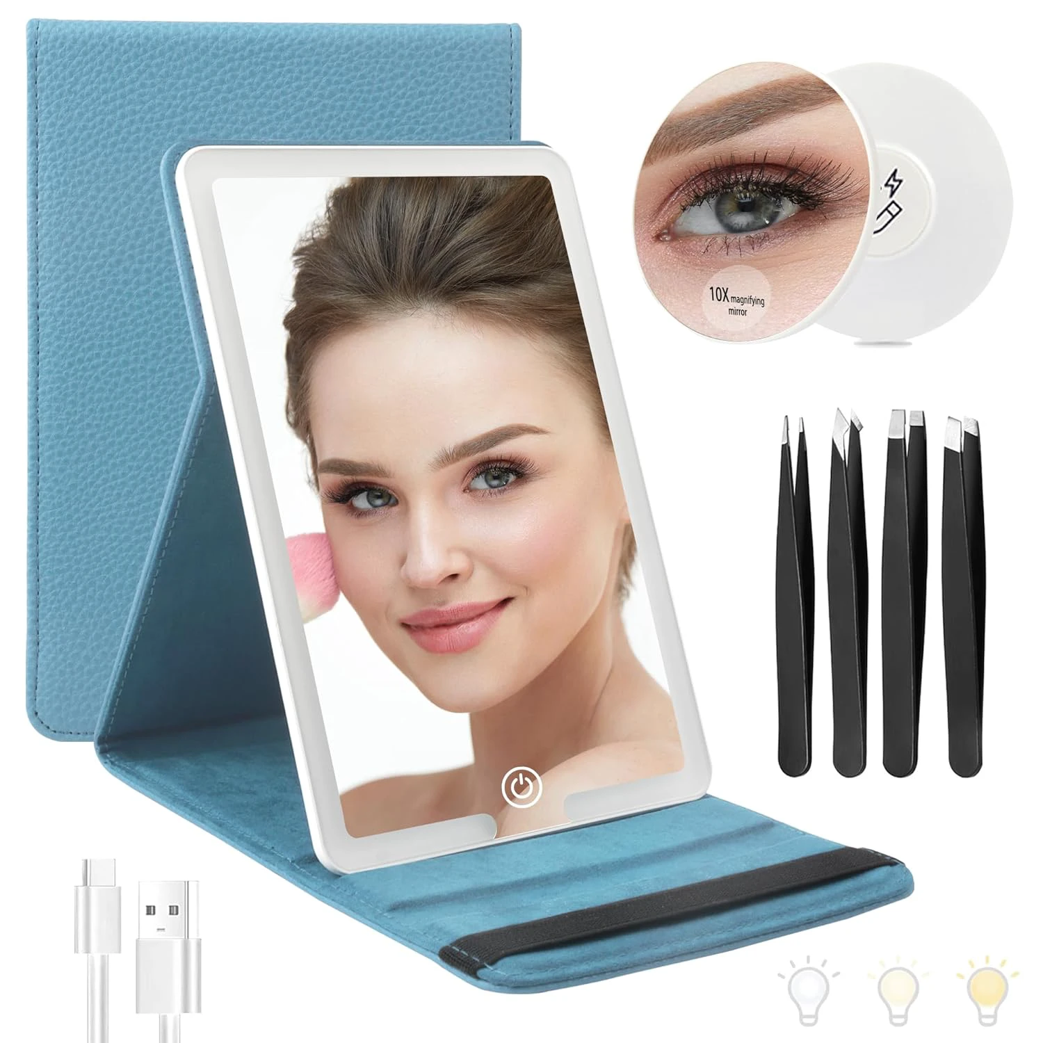 Travel Mirror with Light Ultrathin Portable Travel Makeup Mirror Rechargeable 2000mAh and 3 Color Settings Lighted Vanity Mirror Include 10X Magnifying Mirror&Tweezers Set -Azure Blue