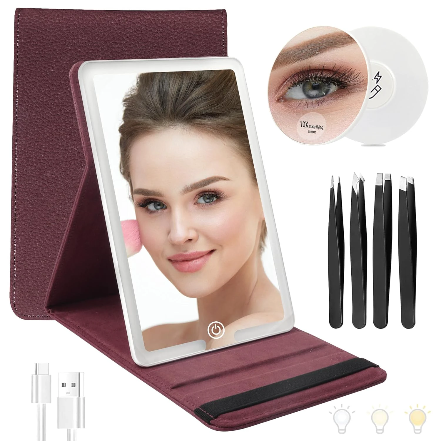 Travel Mirror with Light Ultrathin Portable Travel Makeup Mirror Rechargeable 2000mAh and 3 Color Settings Lighted Vanity Mirror Include 10X Magnifying Mirror&Tweezers Set -Jujube Red