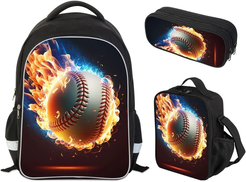 Boys Backpack and Lunch Box,Set of 3 Unique Baseball Patterns Perfect for Kids J