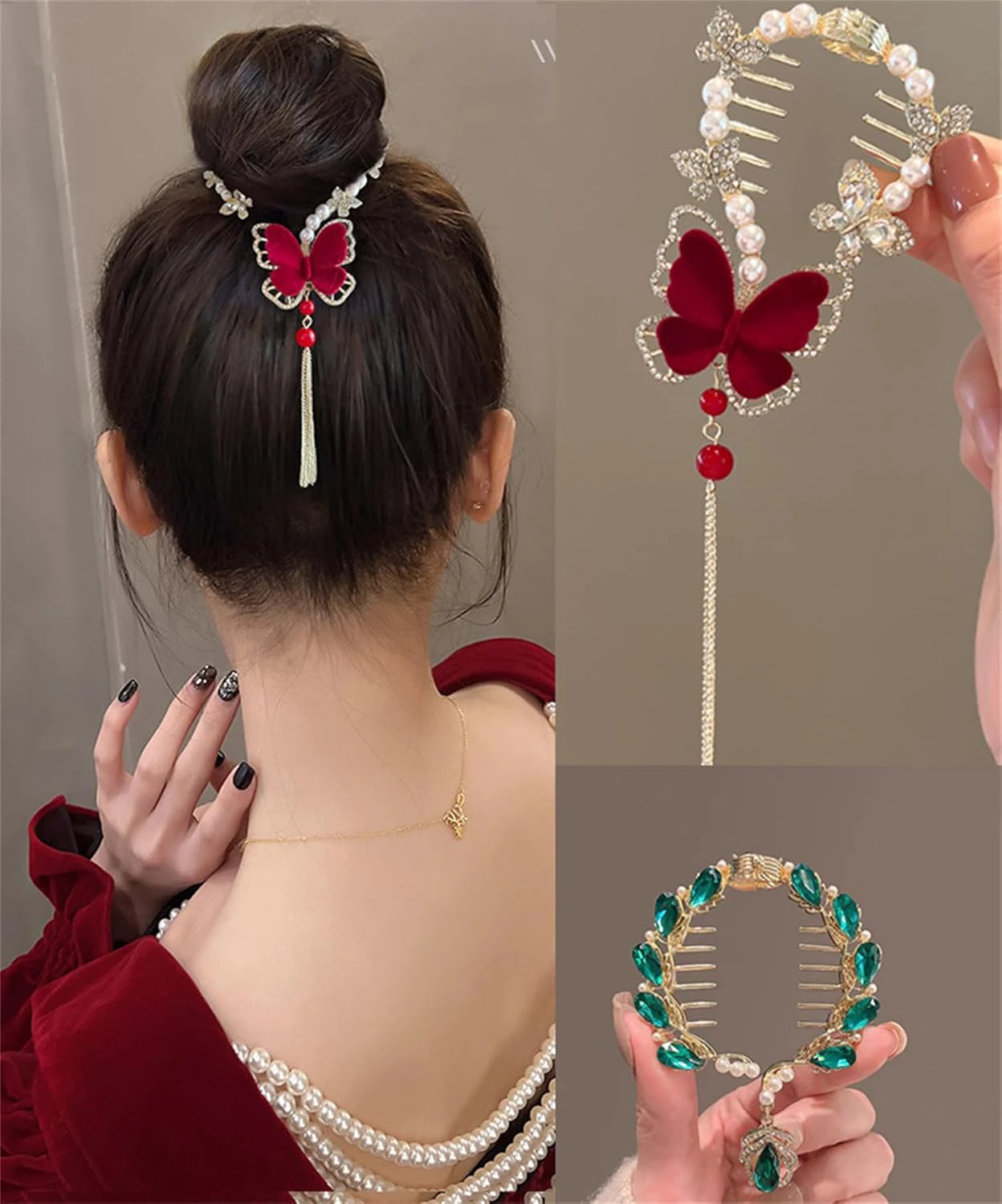 2PCS Butterfly Flower Ponytail Hair Accessories Hair Claws Clip Tassels French Style Hair Barrette Non Slip Jaw Banana for Women 041-2PCS#05