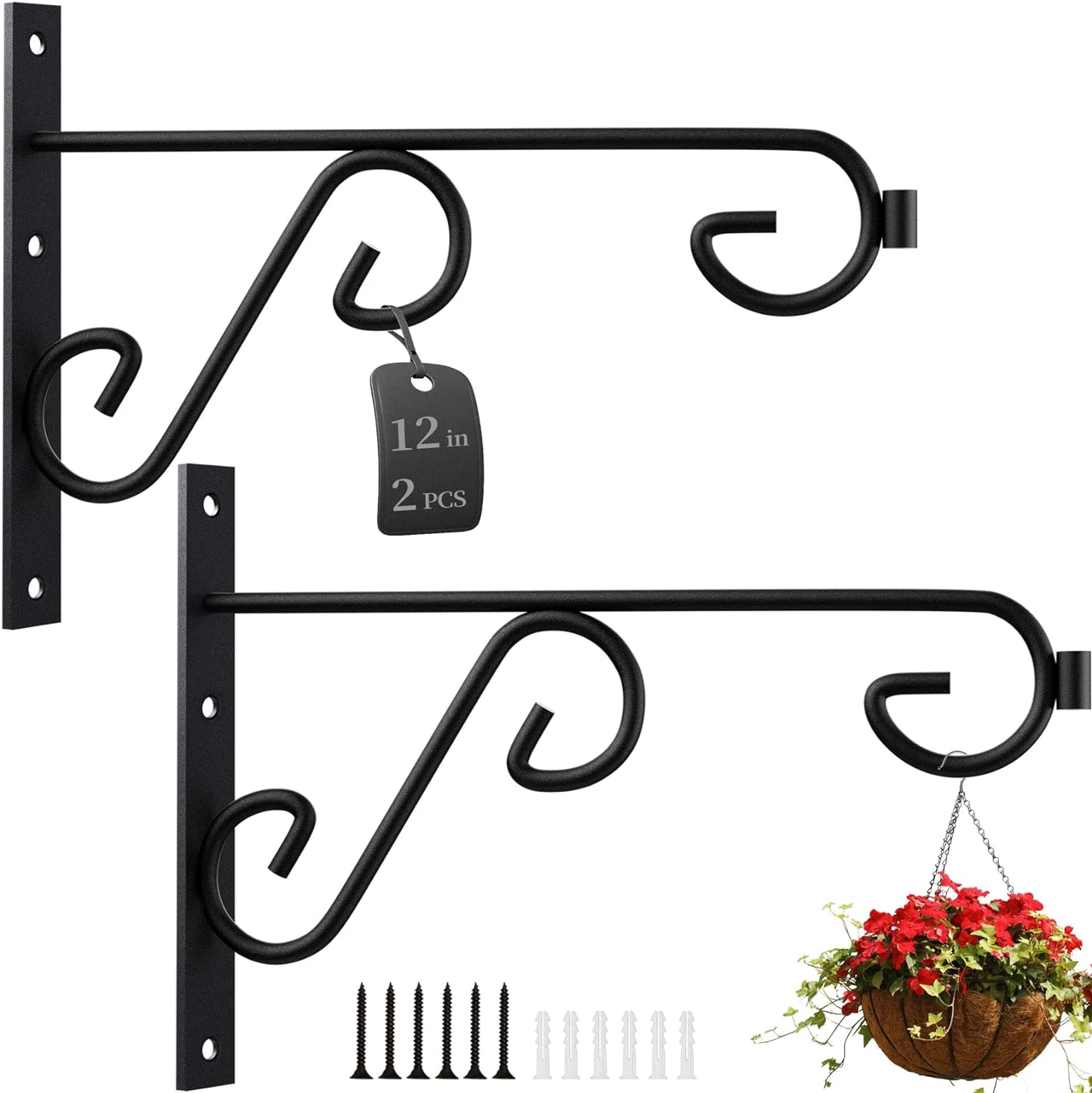 12in Plant Hangers Hooks Outdoor 2Pack Metal Plants Bracket for Wall Hanging Lanterns,Bird Feeder Flower Basket Home Decor Indoor Black 12 Inch Modern/2Pack