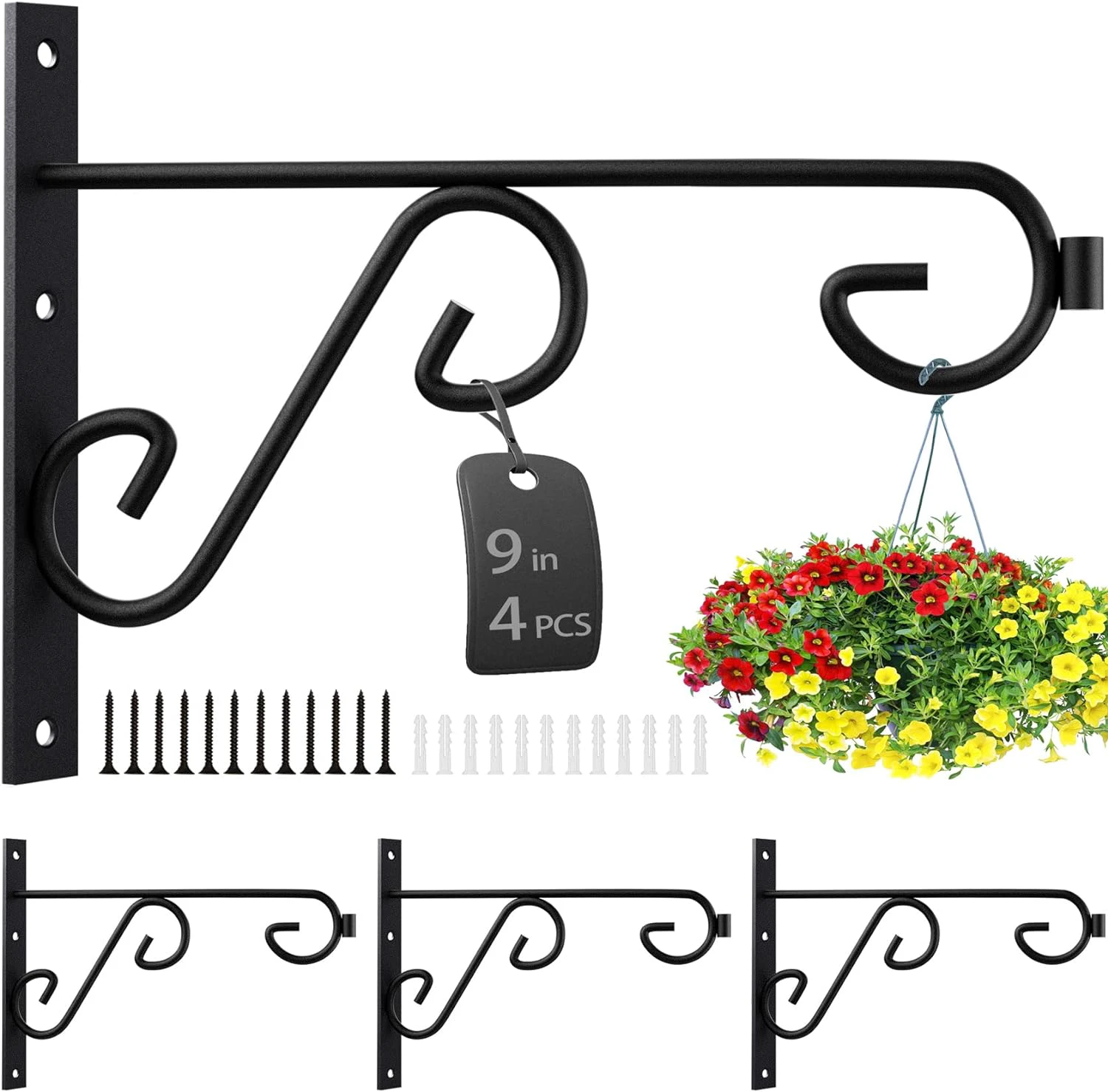 Plant Hanger 9inches Metal Bracket Hooks for Wall Hanging Lanterns, Bird Feeder Flower Basket Home Decor Indoor & Outdoor 4 Pack Black 9in Modern/4Pack