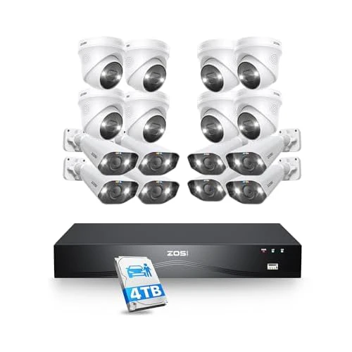 ZOSI 4K PoE Security Camera System,16 Port 24CH 8MP Dual Disk NVR with 4TB HDD,Face/Person/Vehicle Detection,Night Vision,2 Way Audio,16pcs 4K Outdoor Bullet Dome Cameras,for Business 24/7 R