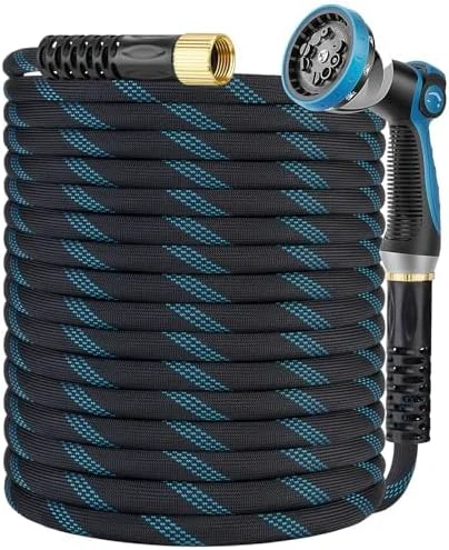 Garden Hose 100 ft, Non-Expandable Ultra Lightweight & Flexible Water Hose With 10-Pattern Spray Nozzle, Kink-Free, Leak-Proof, Durable Hose Pipe, 3750D High-Density Fabric, 3/4" Fittings Bl