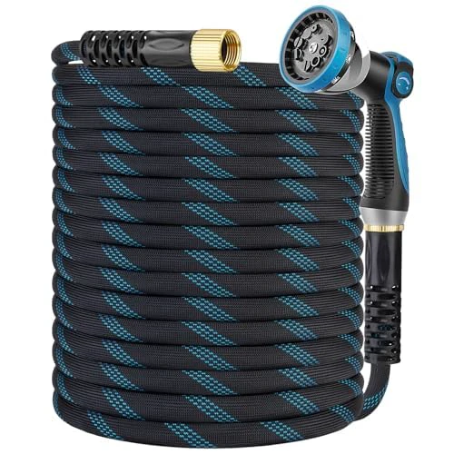 150ft Non-Expandable Garden Hose Heavy Duty Superior Strength 3750D - 4 -Layer Latex Core - Extra Strong Brass Connectors and 10 Spray Nozzle Blue 150FT