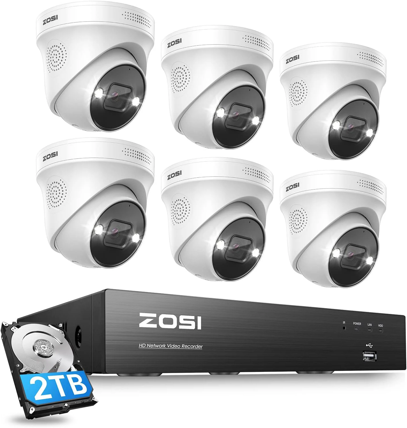 ZOSI 4K 8CH Spotlight PoE Security Camera System,6pcs 4K Wired Indoor Outdoor PoE IP Cameras with 2 Way Audio,Night Vision,Human Detection,Smart Light Alarm,8CH 8MP NVR with 2TB HDD for 24/7