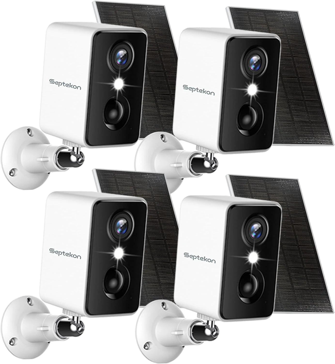 Septekon 2K Security Cameras Wireless Outdoor 4 Pack, Solar Battery Powered Camera with Two Spotlights, PIR Motion Detection Siren, Color Night Vision, 2-Way Audio, IP66 Waterpoof 4 Pack Whi