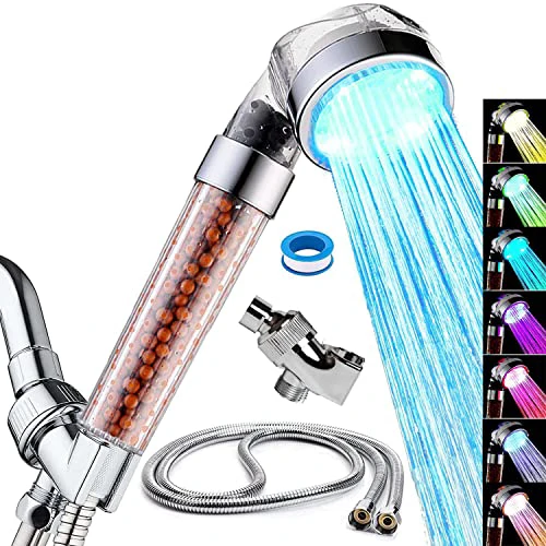 LED Handheld Shower Head Set with Filtration, Automatic 7-color Changing Shower Head Kit, High Pressure Handheld Shower Head with Hose and Bracket, Water Saving Showerheads with Filtration B