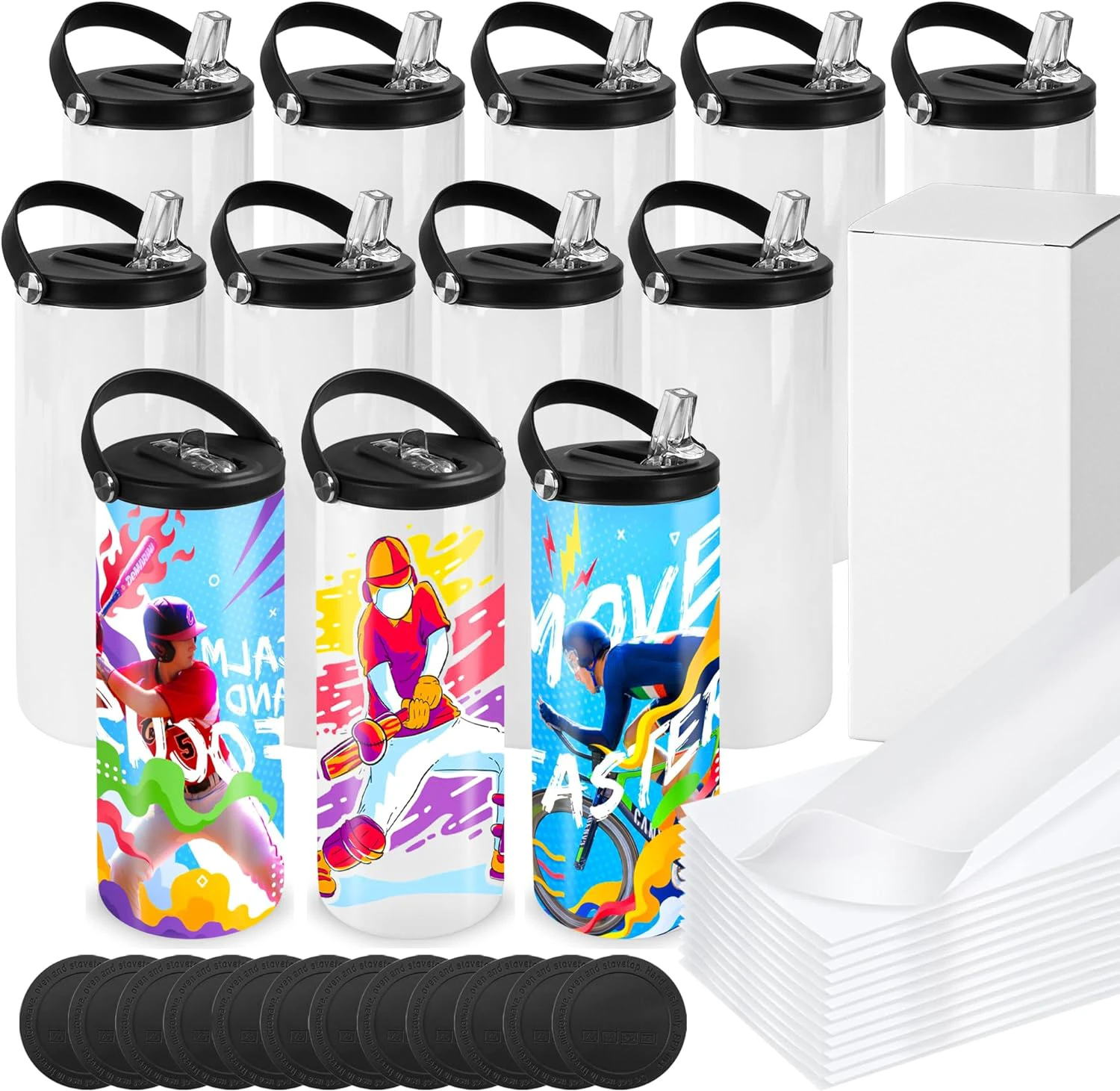 Joyclub 12 Pack Sublimation Tumblers 20 oz Sublimation Water Bottle Bulk With Handle Lids and Straws Skinny Straight Stainless Steel Sublimation Blanks DIY for Gift 12 pack-straw+handle