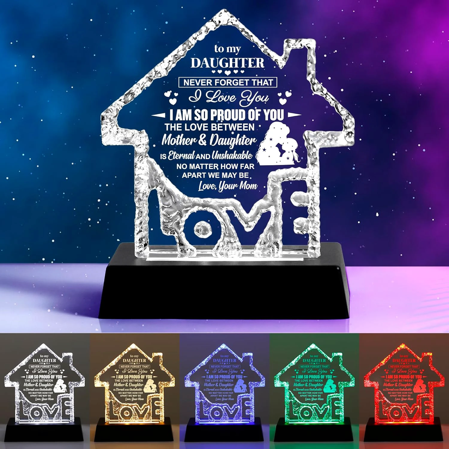 Ideal Gifts for Daughter, Perfect for Daughter Christmas Birthday Graduation Back to School, Personalized Crystal House with 7-Color LED Light Base Daughter Crystal+ Base-B