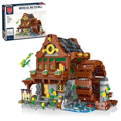 Medieval Water Mill Building Set for Adults - 2312 Pcs Medieval Town Wood Cabin Building Kit, European Architecture House Building-Bricks Set, Collectible Construction Set Compatible with Le