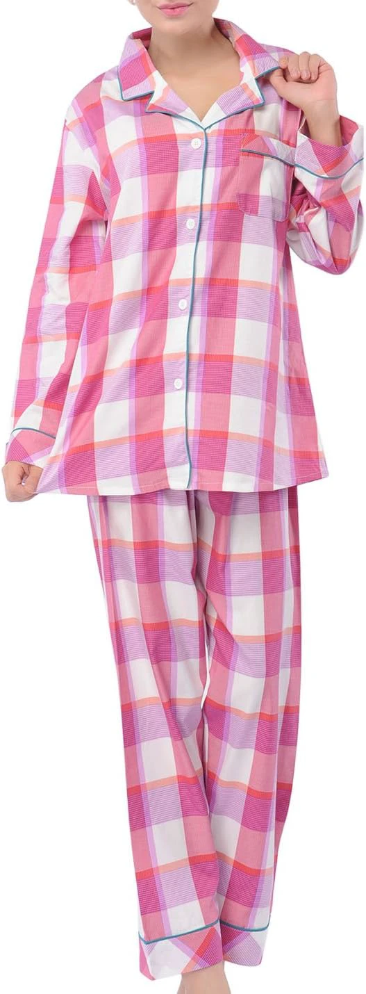 Women's Pajamas Comfy Cotton Long Sleeve Sleepwear Two Pieces PJ Set XS-XXL Medium Pink Grid