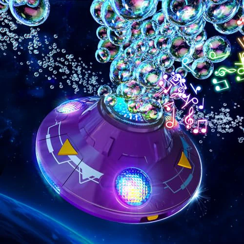 UFO Dancing Bubble Machine (Purple), Automatic Rotating Bubble Machine with Lights and Music for Parties, Flying Saucer Bubble Blower with Obstacle Avoidance, Gift for Kids 3 Years and Up