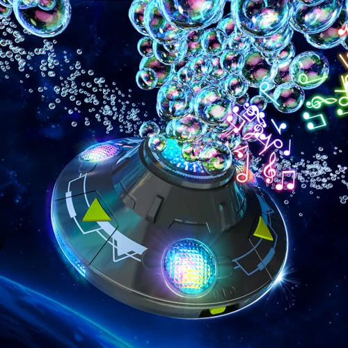 UFO Dancing Bubble Machine (Grey), Automatic Rotating Bubble Machine with Lights and Music for Parties, Flying Saucer Bubble Blower with Obstacle Avoidance, Gift for Age 3 4 5 6 7 Kids