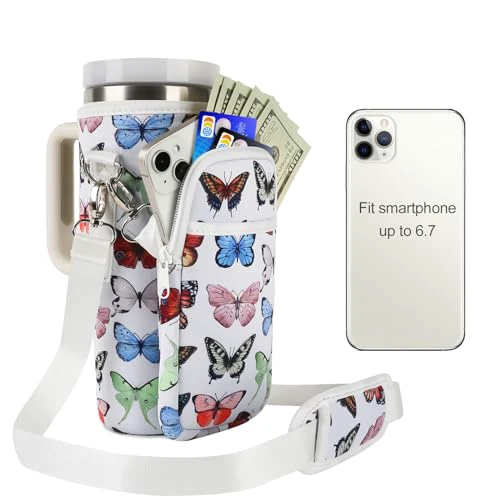 Water Bottle Carrier Bag for Stanley 40oz Tumbler Cup Bag Pouch with Large Phone Holder & Carrying Strap & & Straw Covers, Stanley Cup Accessories B1-Colorful Butterfly