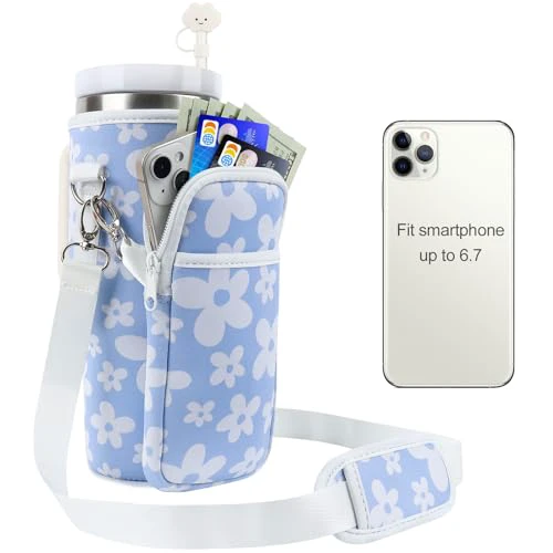 Water Bottle Carrier Bag for Stanley 40oz Tumbler Cup Bag Pouch With Large Phone Holder & Carrying Strap & & Straw Covers, Stanley Cup Accessories B2-Blue & White Flower