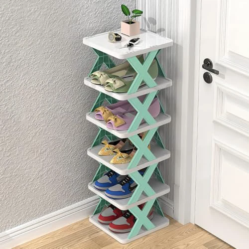 6 Tier Narrow Shoe Rack, Small Vertical Shoe Stand, Space Saving DIY Free Standing Shoes Storage Organizer for Entryway, Closet, Hallway, Easy Assembly and Stable in Structure, White and Gre