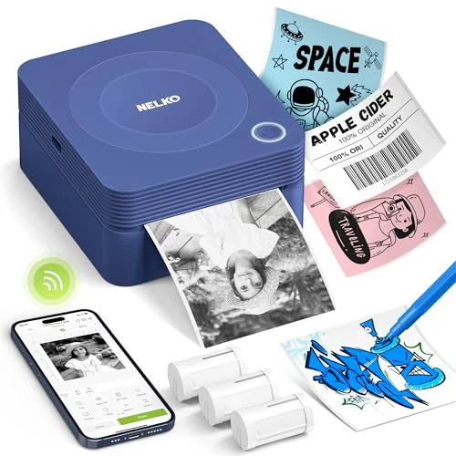 Nelko Sticker Printer, PM230 Mini Printer Bluetooth Portabel Sticker Maker with 3 Rolls Paper, Print Pods Mini Printer with Multiple Templates for Phone & Tablet, Blue