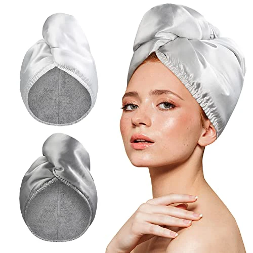 YoulerTex Microfiber Hair Towel Wrap Turban 2Pack Head Towels for Drying Women Curly Long Wet Plopping Hair Quick Rapid Dry Anti Frizz Absorbent Hair Towel After Shower (Silver-White/Gray)