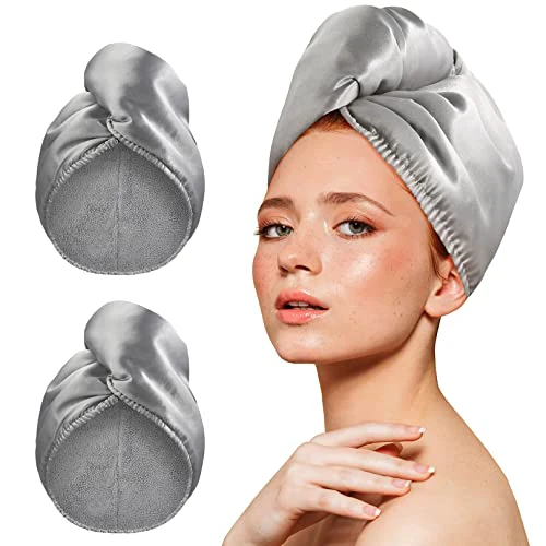 YoulerTex Microfiber Hair Towel Wrap Turban 2Pack Head Towels for Drying Women Curly Long Wet Plopping Hair Quick Rapid Dry Anti Frizz Absorbent Hair Towel After Shower (Gray)