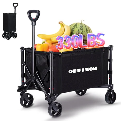 Collapsible Folding Wagon, Heavy Duty Collapsible Wagon Cart, Foldable Utility Grocery Wagon for Camping, Sports, Garden, Shopping, Black - 330 lbs Capacity (Black)