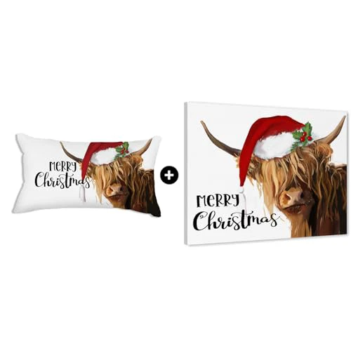 YPY Christmas Cow Throw Pillow Cover & Highland Cow Christmas Framed Wall Art 12" x 15"