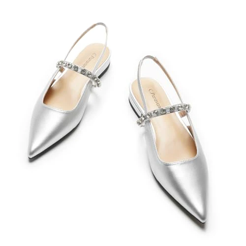 C.Paravano Slingback Flats for Women Pointed Toe Flats Sandal Women's Slingback Flats for Dressy Wedding Office Causal 6 A15b Silver