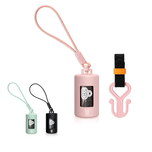 Retractable Dog Waste Bag Dispenser and Bag Holder Kit, Dog Poop Bag Dispenser, Retractable Waste Bag Dispenser, Lightweight Poop Bag Holder, Stretchy Strap Fits Any Dog Leash (Pink)