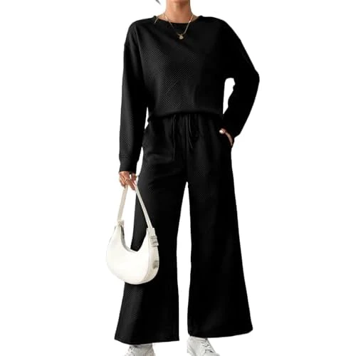 PAODIKUAI Women's 2 Piece Outfits Sweatsuit Casual Long Sleeve Textured Pullover Top and Wide Leg Pants Lounge Set Black Medium