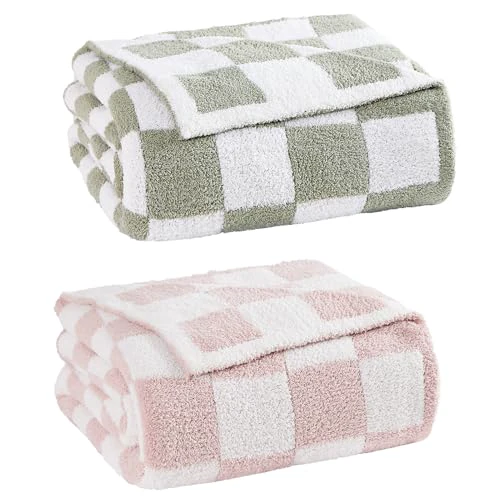 WRENSONGE Soft Checkered Throw Blanket Sage Green 60“x80” and Warm Throw Blanket Pink 60“x80”