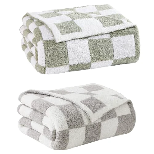 WRENSONGE Soft Checkered Throw Blanket Sage Green 60"x80" and Warm Throw Blanket Light Grey 60"x80"