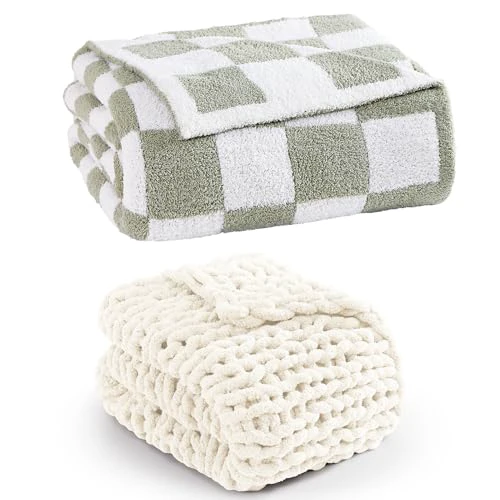 WRENSONGE Soft Checkered Throw Blanket Sage Green 50"x70" and Cream White Chunky Knit Blanket Throw 50"x60"