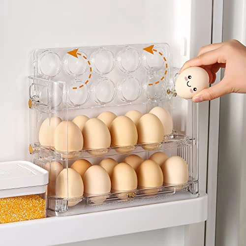 Beveetio Flippable Egg Holder For Refrigerator, Clear Acrylic Egg Storage Container For Refrigerator Side Door, Large Capacity Organizer-30 Count Capacity Transparent color 02