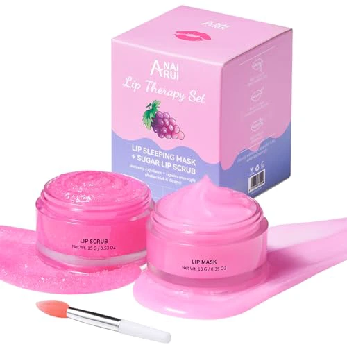 ANAI RUI Lip Therapy Set - Scrub & Mask, Overnight Hydrating Moisturizer With Exfoliator and Sleeping Mask for Plumping - Gift Kit for Dry, Chapped, Dark Lips, Grape Bakuchiol