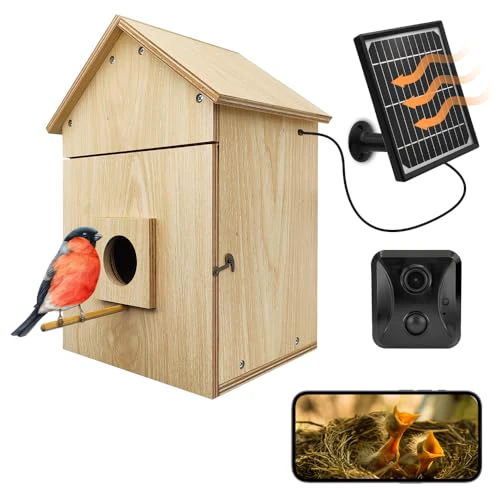 Bird House with WiFi Camera Solar Powered for Wireless Outdoors, HD View Nesting & Hatching, Box House for Bluebird Swallow Wren Chickadee, PIR Detection, SD Card & Cloud Storage, IR Night V
