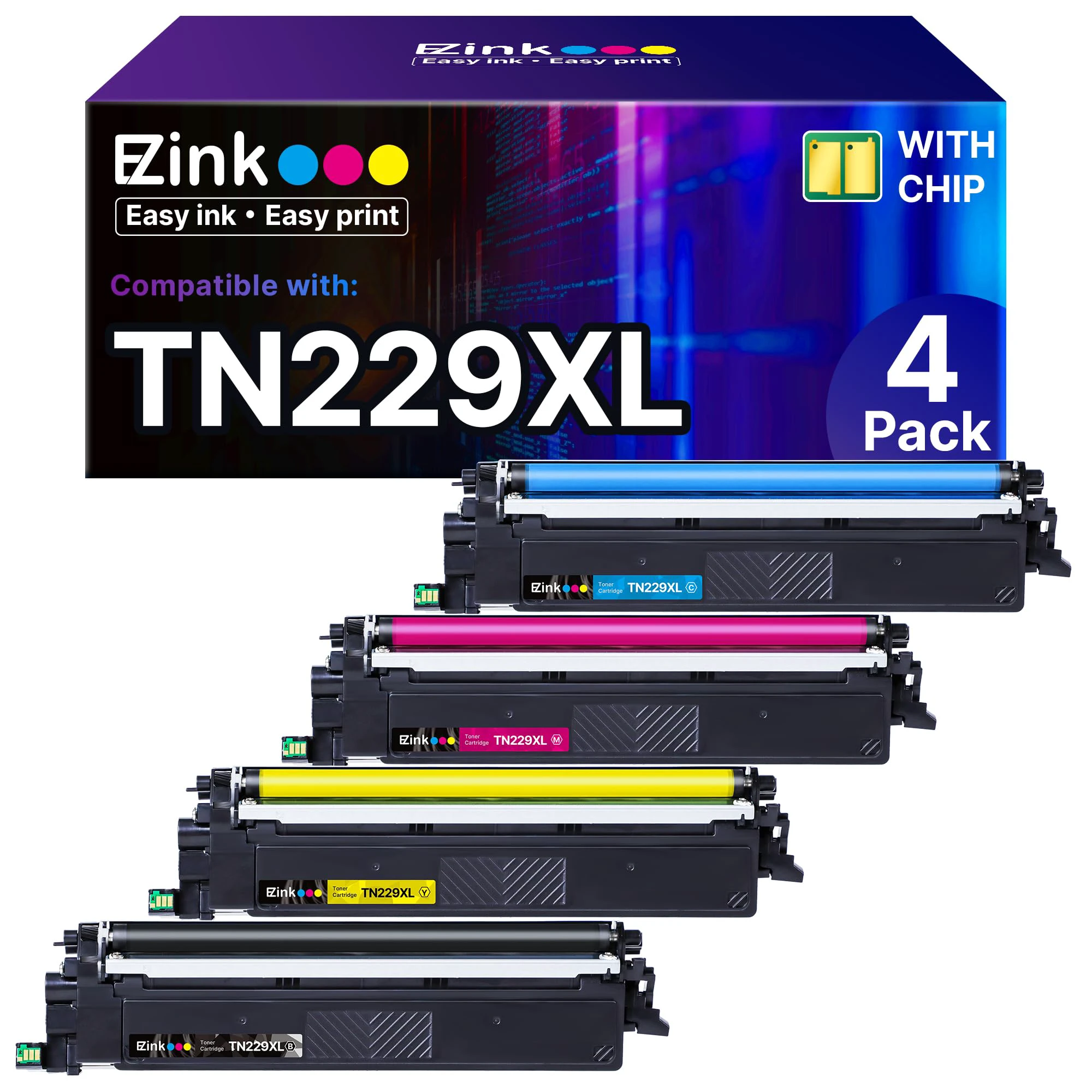 E-Z Ink Compatible TN229XL Toner Cartridges Replacement for Brother TN229XL TN-229XL TN229 XL to use with MFC-L3720CDW MFC-L3780CDW HL-L3220CDW HL-L3280CDW HL-L3300CDW Printer (TN229XLBK/C/M
